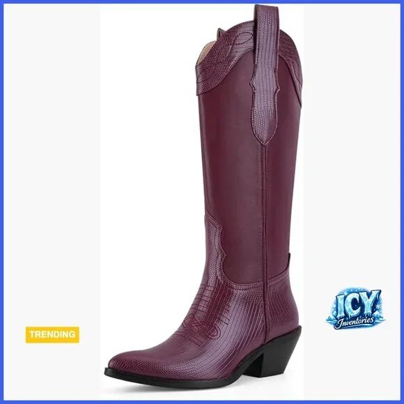 Faux Leather Knee High Cowboy Boots with Chunky Block Heel - Picture 1 of 7